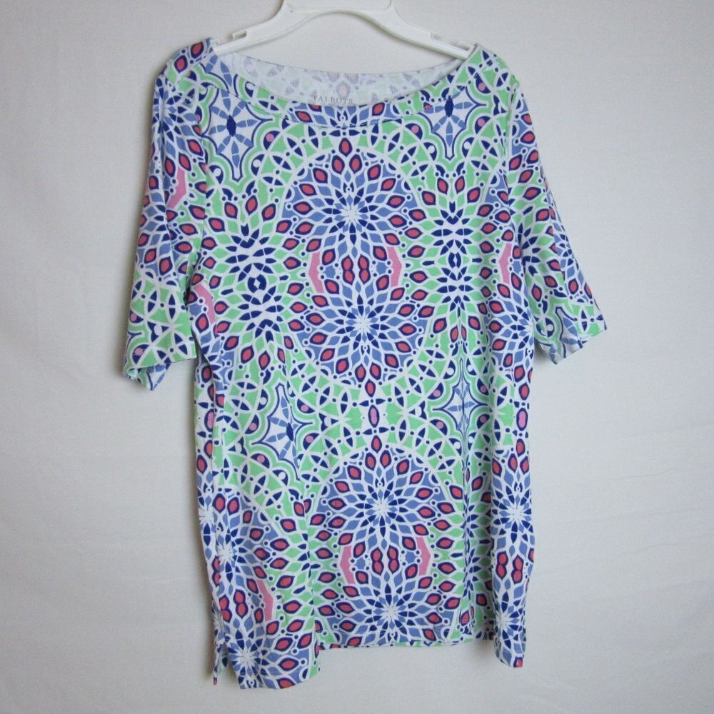 Talbots Stretch Weekend Tee Colorful Pastel Geometric Print Women's M